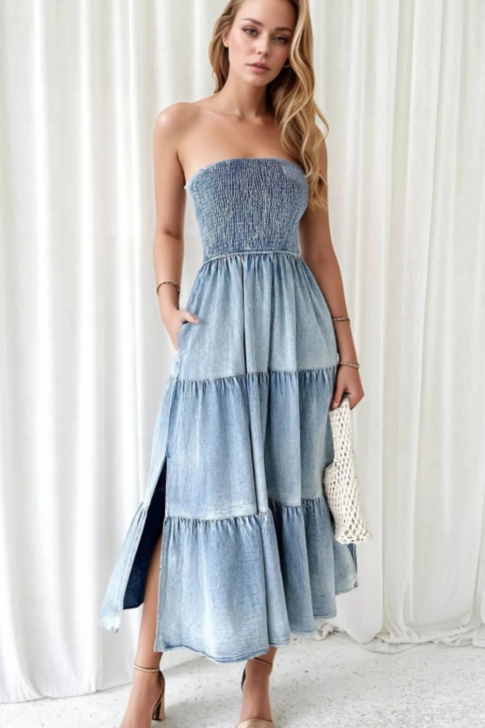 women_fashion - littlescollectionCotton dressSmocked Tube Slit Tiered Denim Dress Womencotton blend dress