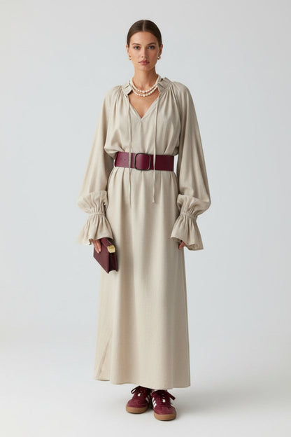 women_fashion - littlescollectionlinen dressSienna Tie Neck Flounce Sleeve Maxi Dress Womencotton - linen