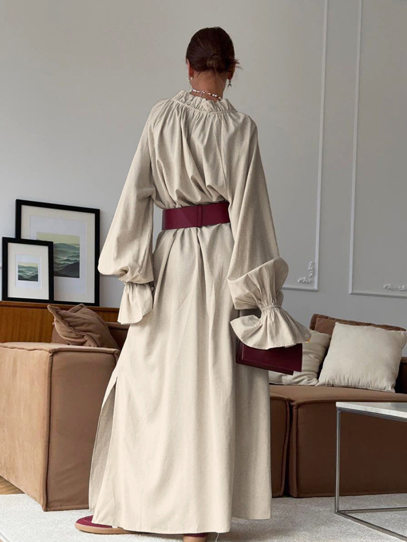 women_fashion - littlescollectionlinen dressSienna Tie Neck Flounce Sleeve Maxi Dress Womencotton - linen