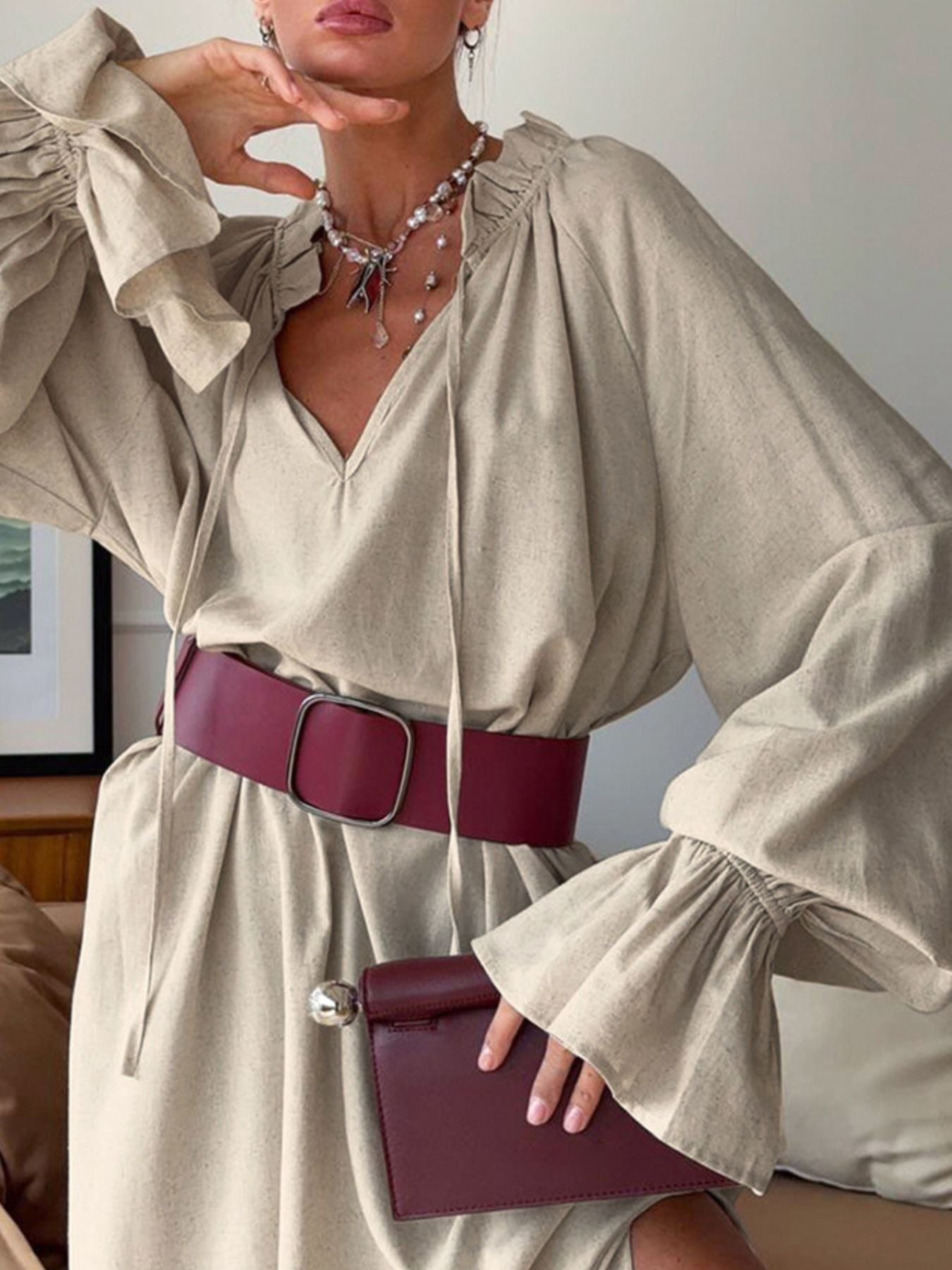 women_fashion - littlescollectionlinen dressSienna Tie Neck Flounce Sleeve Maxi Dress Womencotton - linen