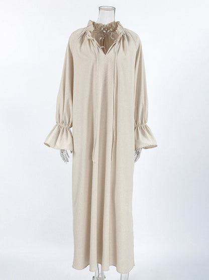 women_fashion - littlescollectionlinen dressSienna Tie Neck Flounce Sleeve Maxi Dress Womencotton - linen
