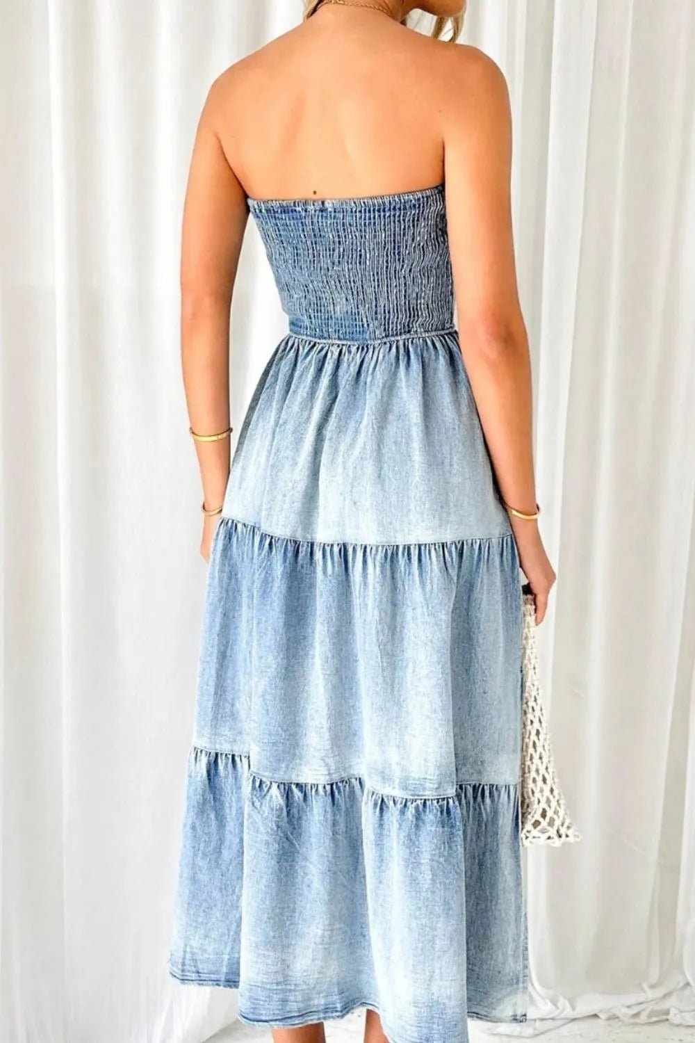 women_fashion - littlescollectionCotton dressSmocked Tube Slit Tiered Denim Dress Womencotton blend dress