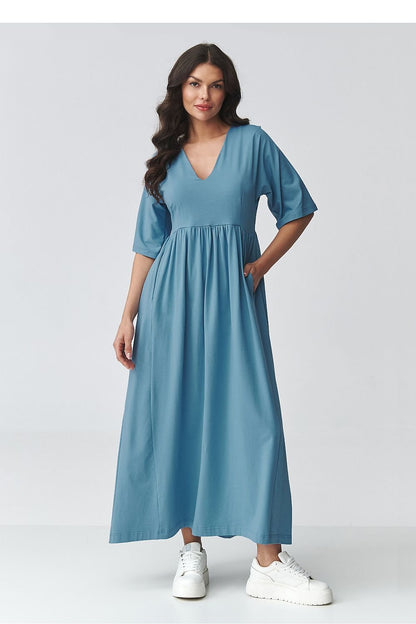 women_fashion - littlescollectionDressV - Neck Maxi Daydress | Waistline Cut Cotton Blendmaxi dress