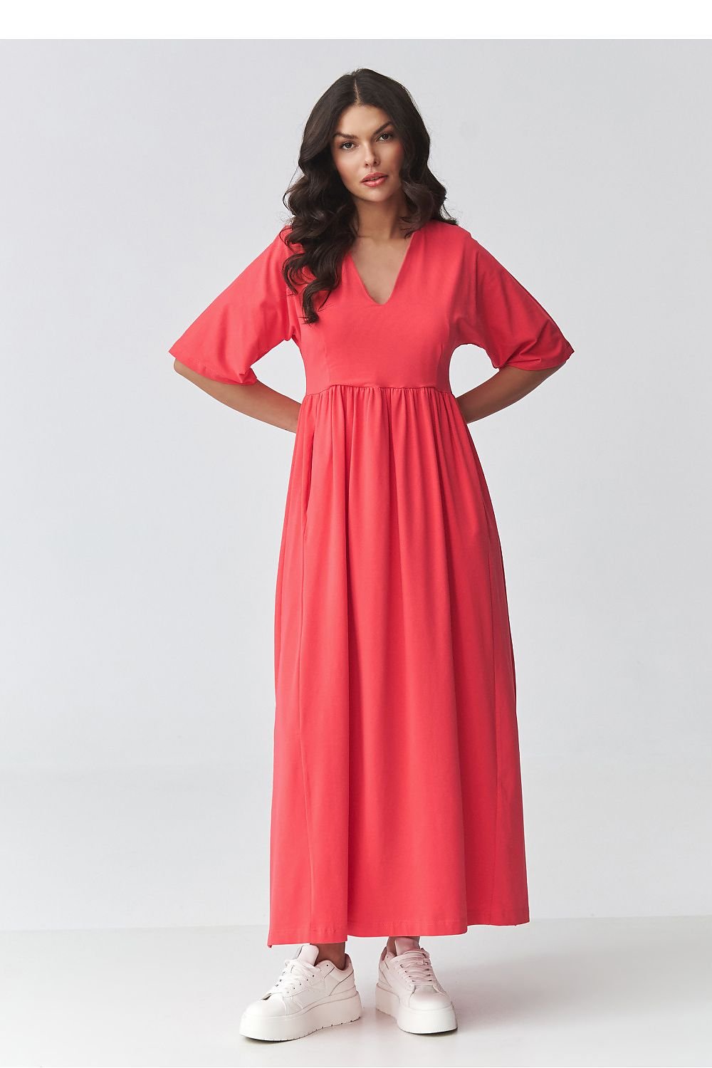 women_fashion - littlescollectionDressV - Neck Maxi Daydress | Waistline Cut Cotton Blendmaxi dress