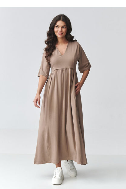 women_fashion - littlescollectionDressV - Neck Maxi Daydress | Waistline Cut Cotton Blendmaxi dress