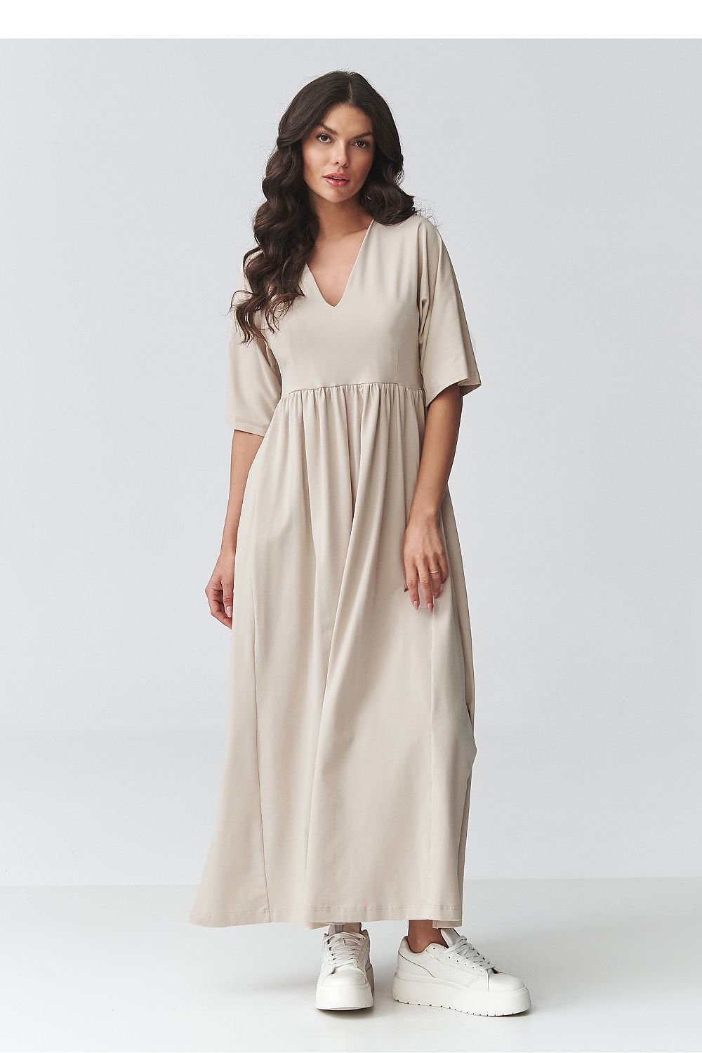 women_fashion - littlescollectionDressV - Neck Maxi Daydress | Waistline Cut Cotton Blendmaxi dress