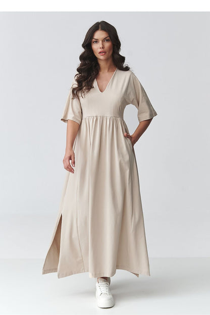 women_fashion - littlescollectionDressV - Neck Maxi Daydress | Waistline Cut Cotton Blendmaxi dress