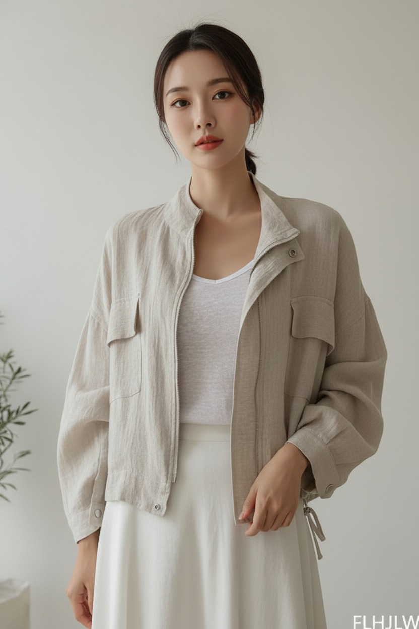 Woman wearing a beige jacket over a white top and skirt, standing against a plain background.