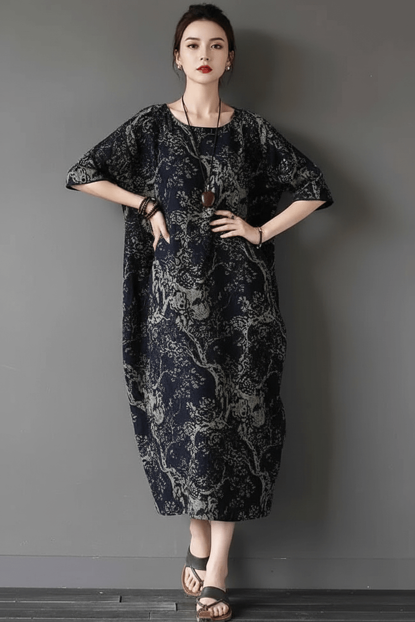 Elara floral linen midi dress with relaxed fit and vintage print