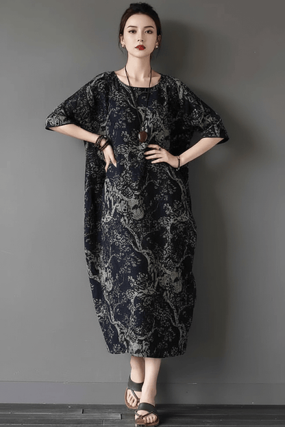 Elara floral linen midi dress with relaxed fit and vintage print