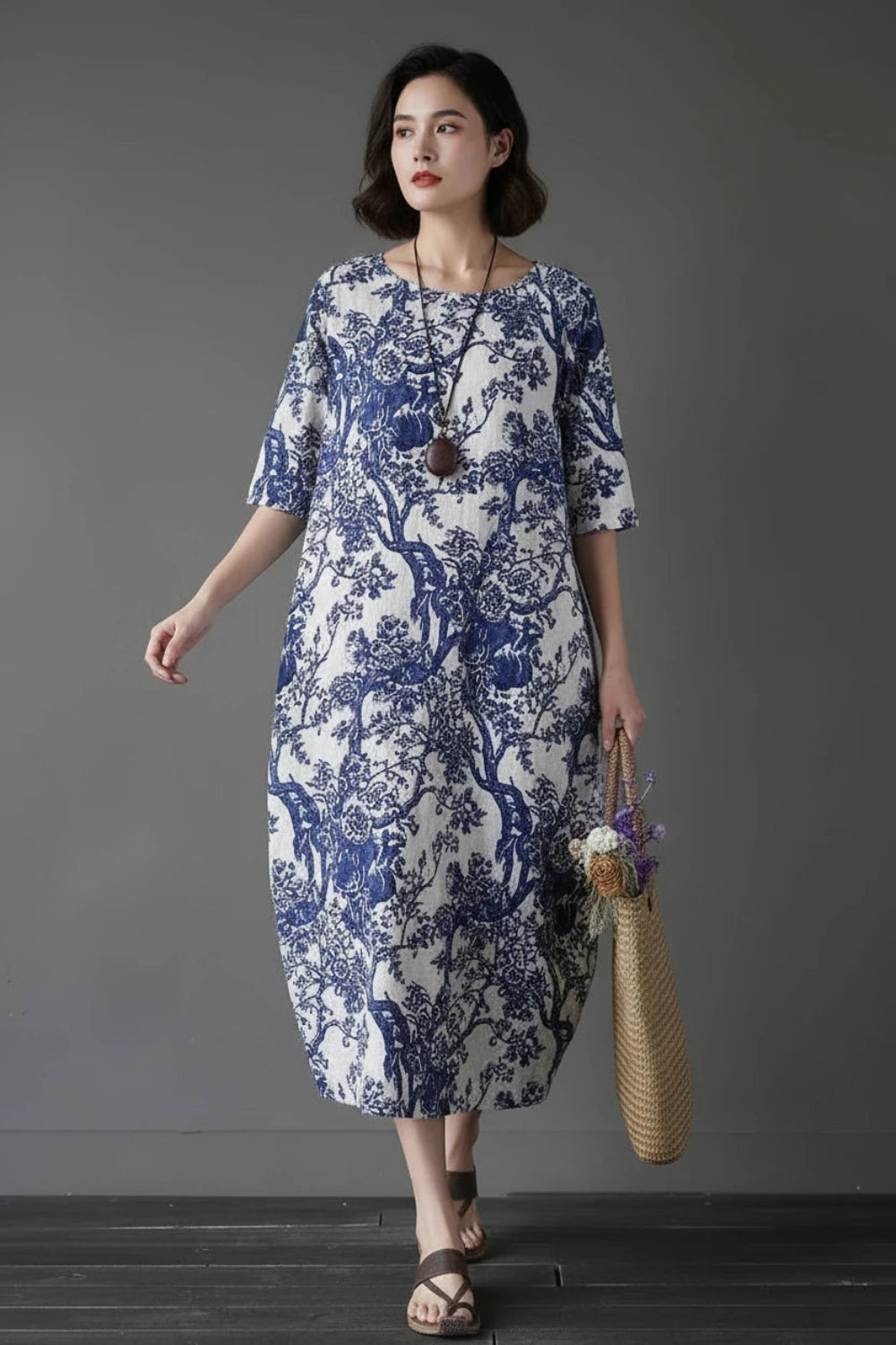 Elara floral linen midi dress with relaxed fit and vintage print