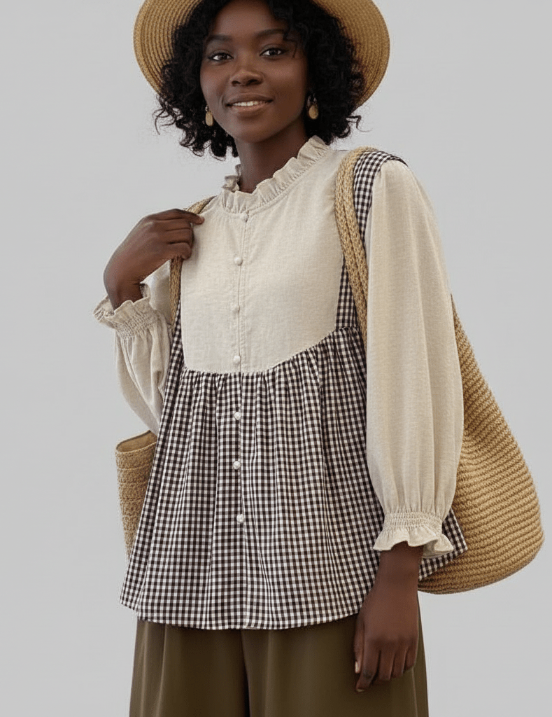 Woman wearing a checkered dress over a beige blouse with a straw bag on a plain background