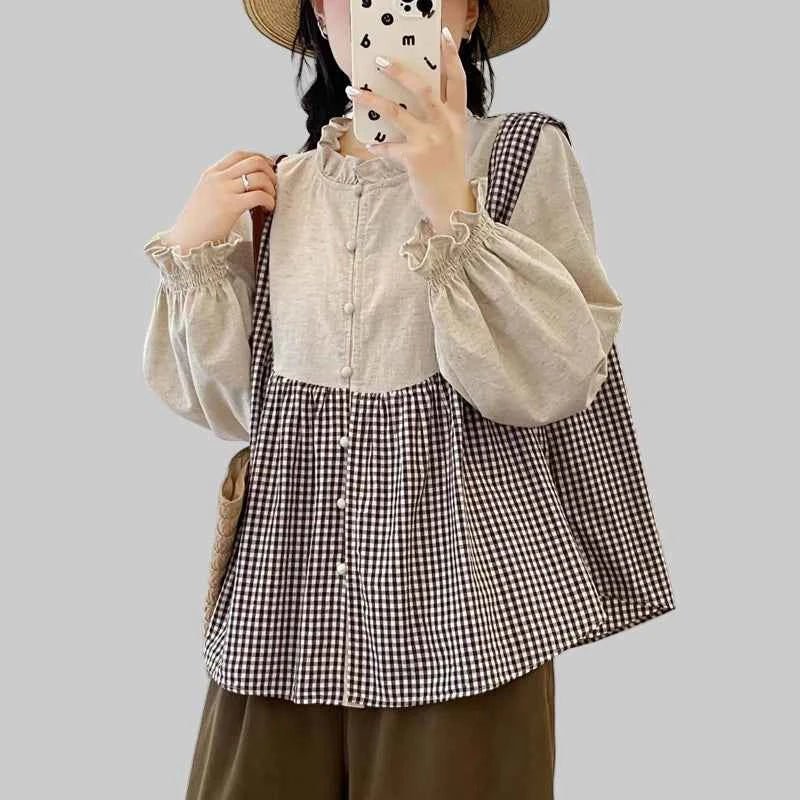 women_fashion - littlescollectionJNT Fungus Trim Collar Plaid Vintage Cotton Retro Blouseblouse for women