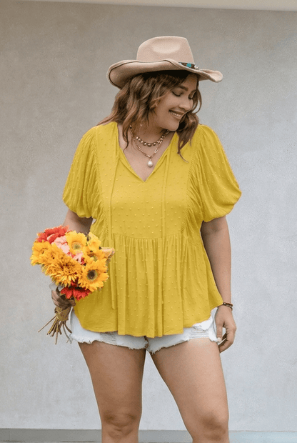women_fashion - littlescollectionblouseSwiss Dot Tie Neck Short Sleeve Blouse Womencurve - fashion