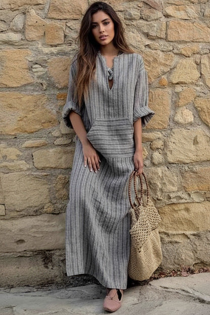 Striped Cotton Linen Boho Maxi Dress with Pockets