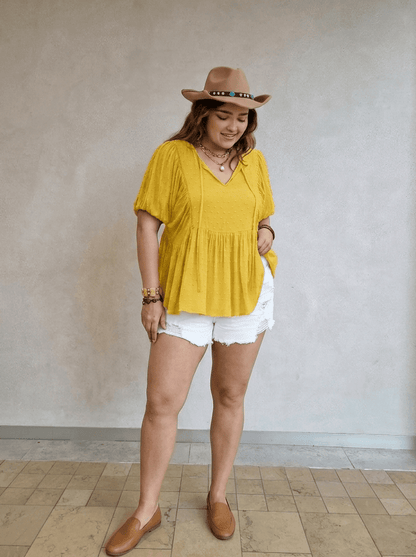 women_fashion - littlescollectionblouseSwiss Dot Tie Neck Short Sleeve Blouse Womencurve - fashion