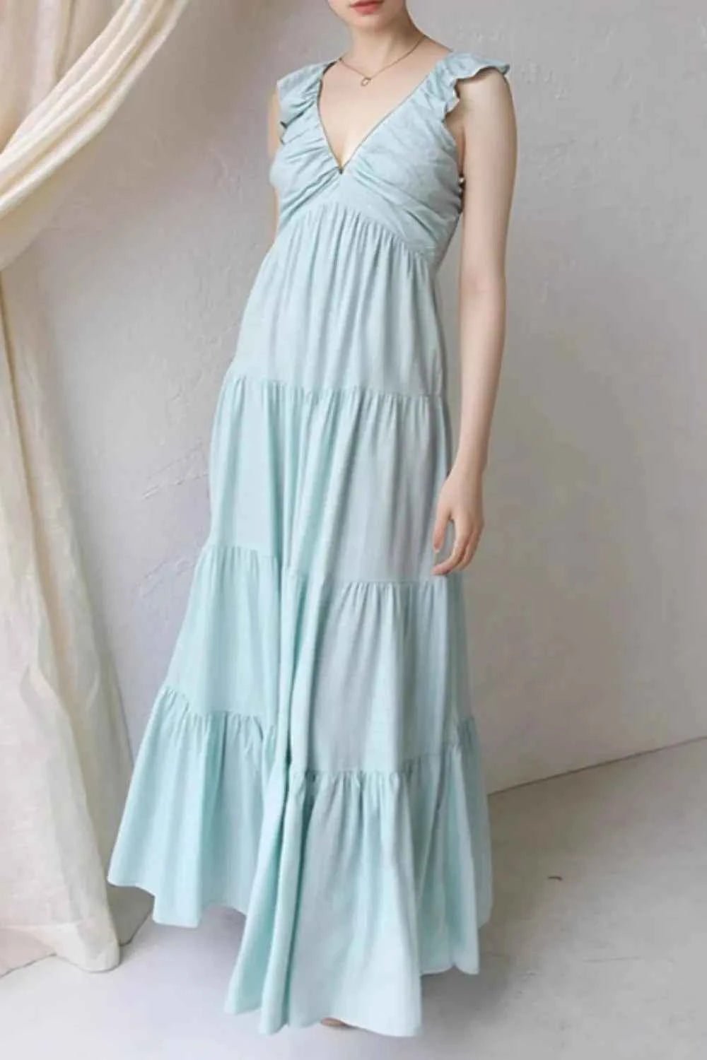 women_fashion - littlescollectionDressOff - White Cotton V - Neck Tiered Smoked Ruffled Long DressLinen long dresses