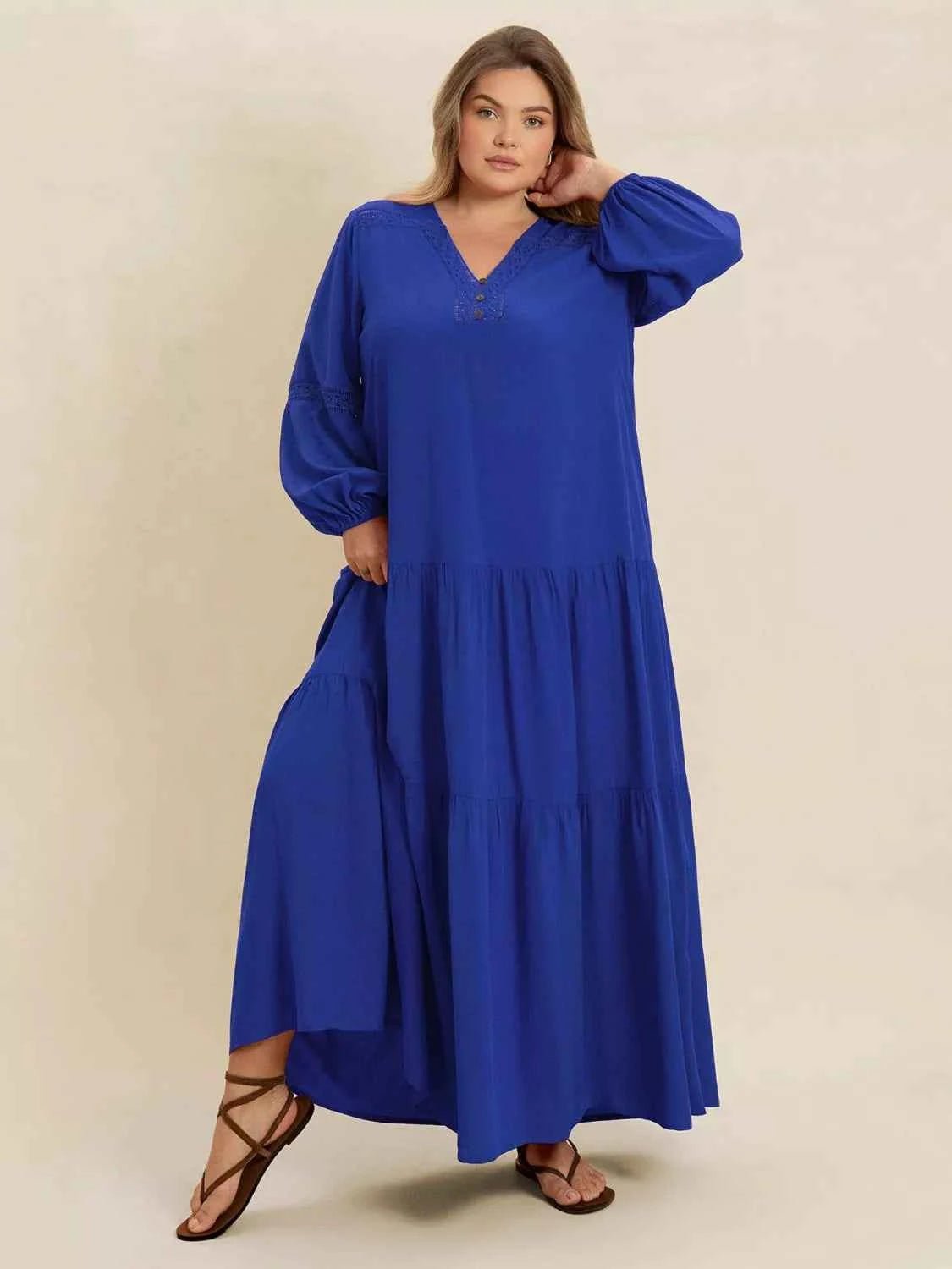 women_fashion - littlescollectionDressPlus Size Bohemian Tiered Maxi Dress with Balloon SleevesRusttydustty