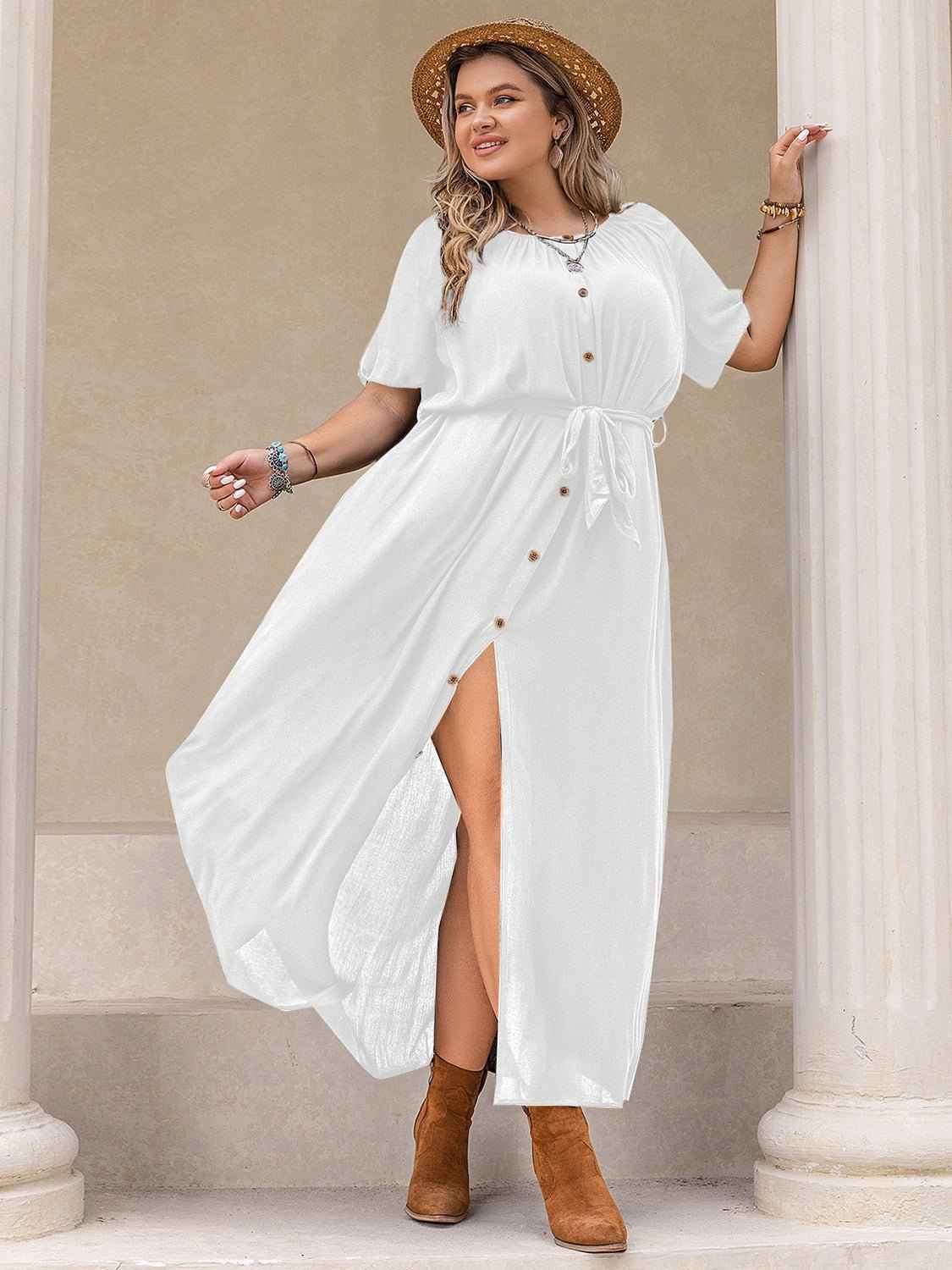 Plus Size Round Neck Slit Dress