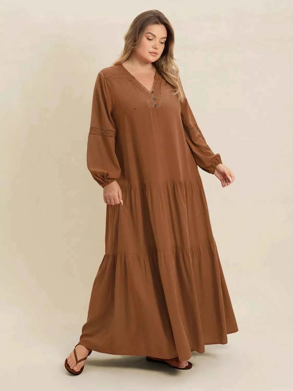 women_fashion - littlescollectionDressPlus Size Bohemian Tiered Maxi Dress with Balloon SleevesRusttydustty