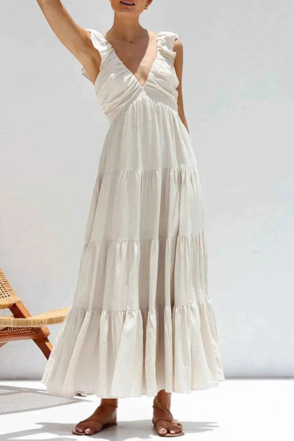 women_fashion - littlescollectionDressOff - White Cotton V - Neck Tiered Smoked Ruffled Long DressLinen long dresses