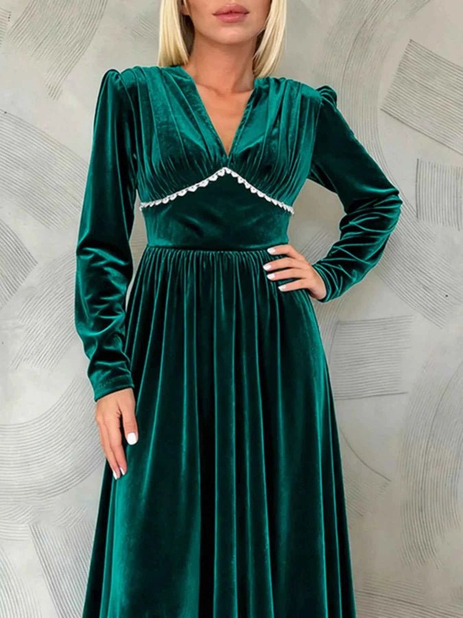 women_fashion - littlescollectionEvening GownVelas Velvet V - Neck Long Sleeve Dresschristmas dresses
