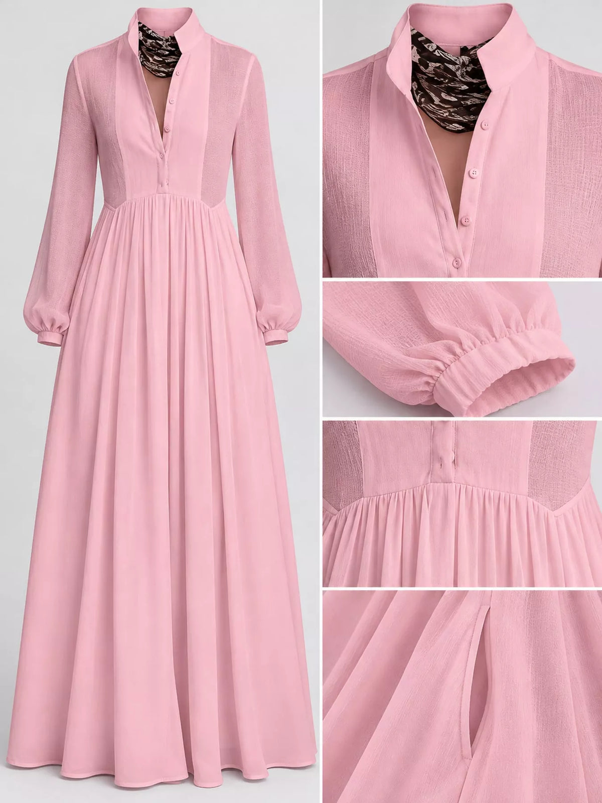 vibrant_pink_long-sleeve_button-front_maxi_dress_featuring_a_V-neckline_Victorian-inspired_sleeves_and_a_relaxed_flowy_silhouette.