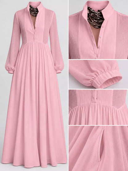 vibrant_pink_long-sleeve_button-front_maxi_dress_featuring_a_V-neckline_Victorian-inspired_sleeves_and_a_relaxed_flowy_silhouette.