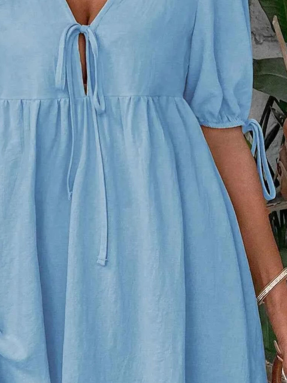 V-Neck Tie-Front Mini Dress with Puff Sleeves