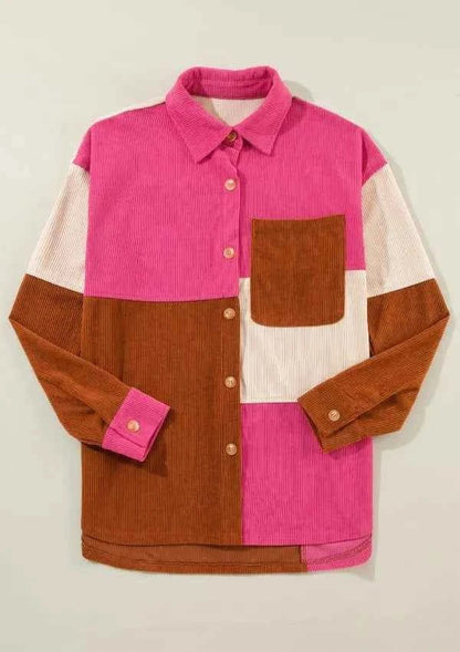 women_fashion - littlescollectionShacketColor Block Boho Curved Hem Corduroy Shacket with Pocketjacketswomen fashion