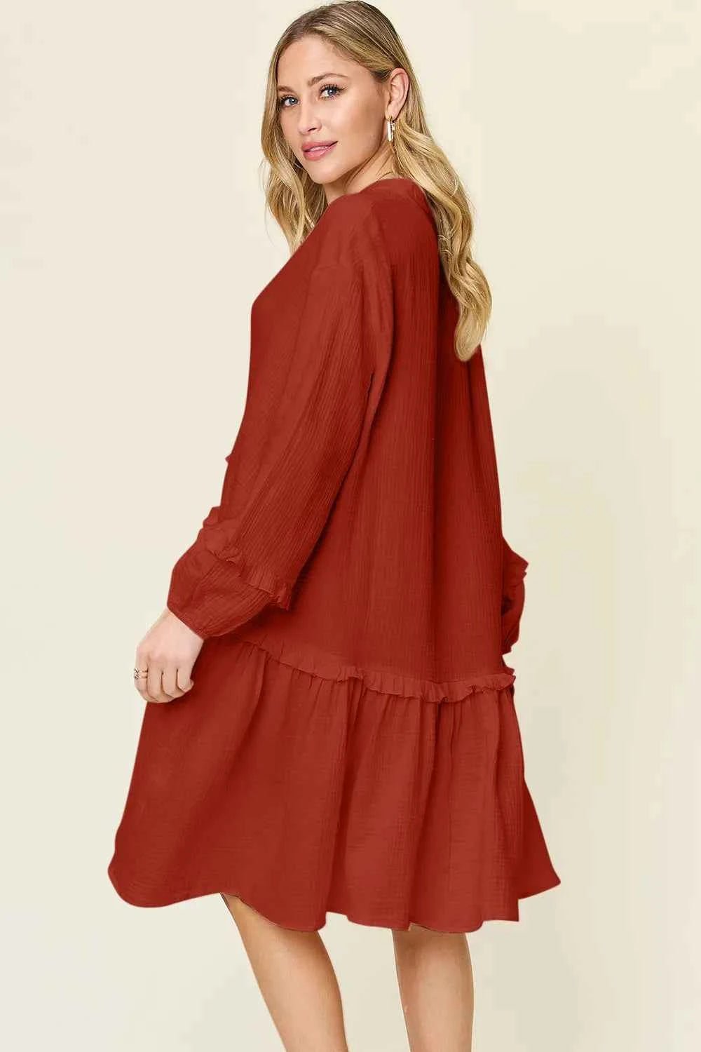 women_fashion - littlescollectionCotton dressHalf Button Ruffle Trim Cotton Midi Dress – CaramelBaggy dress cotton