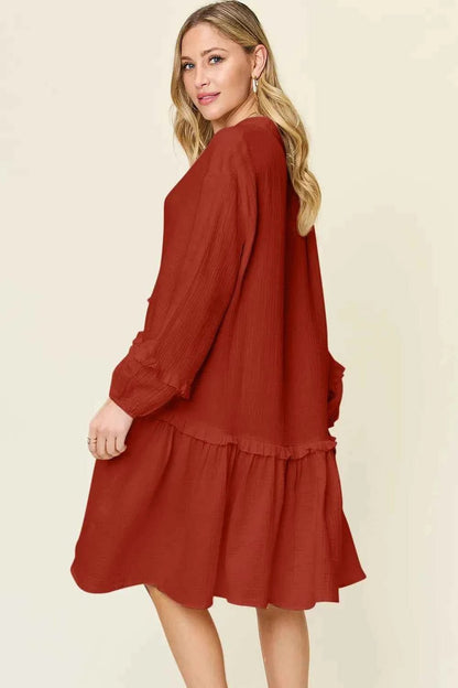 women_fashion - littlescollectionCotton dressHalf Button Ruffle Trim Cotton Midi Dress – CaramelBaggy dress cotton