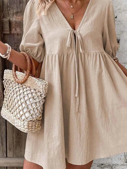 women_fashion - littlescollectionCotton dressV - Neck Tie - Front Mini Dress with Puff Sleeveslittlescollection