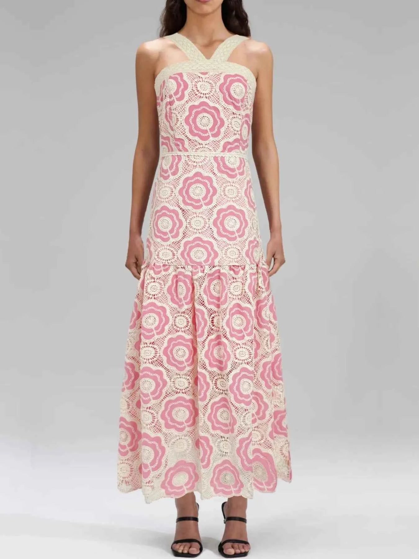 women_fashion - littlescollectionCotton dressLace Sleeveless Cotton Floral Print Tiered Long Dress