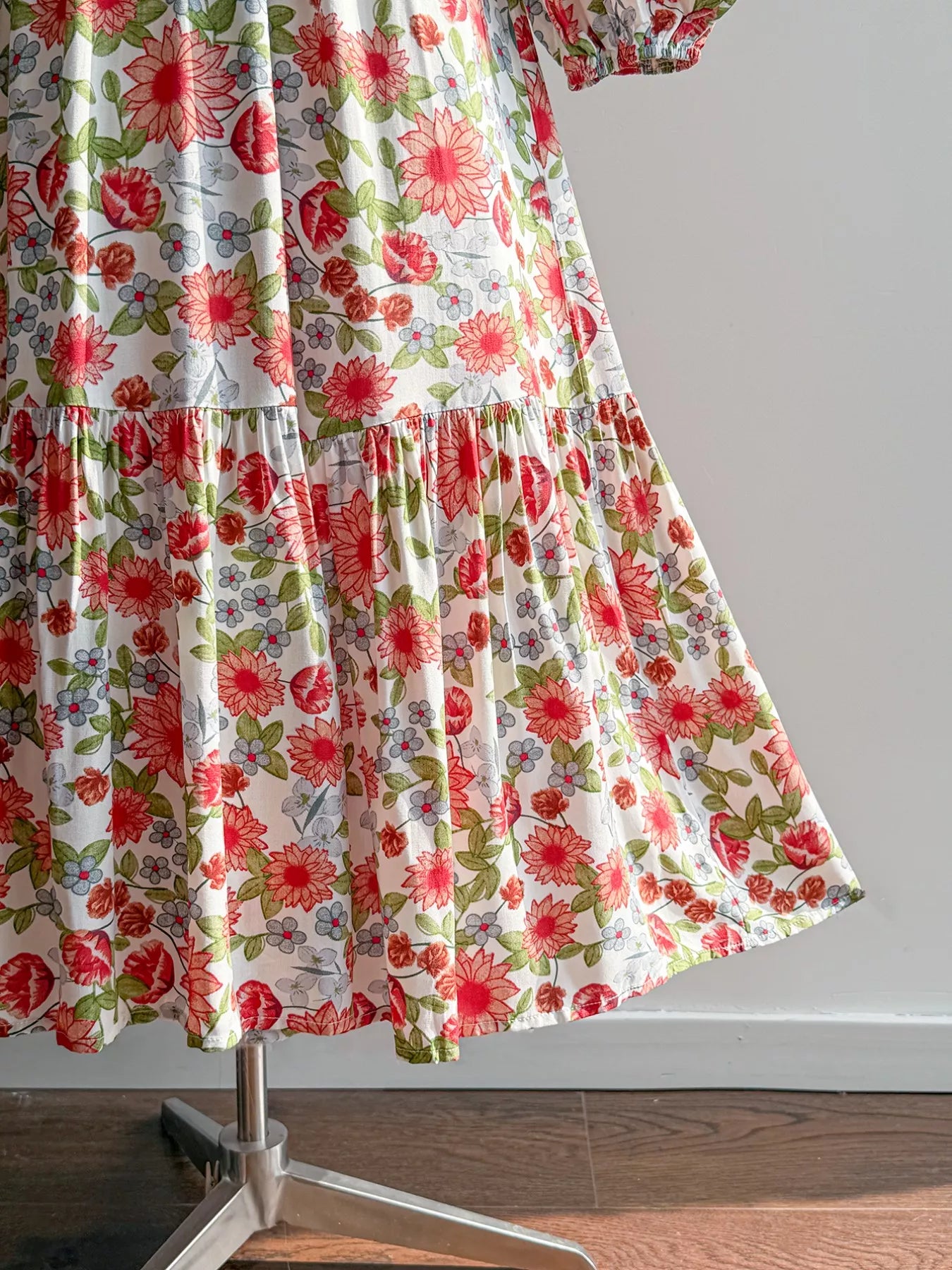 Floral dress on a mannequin against a plain background