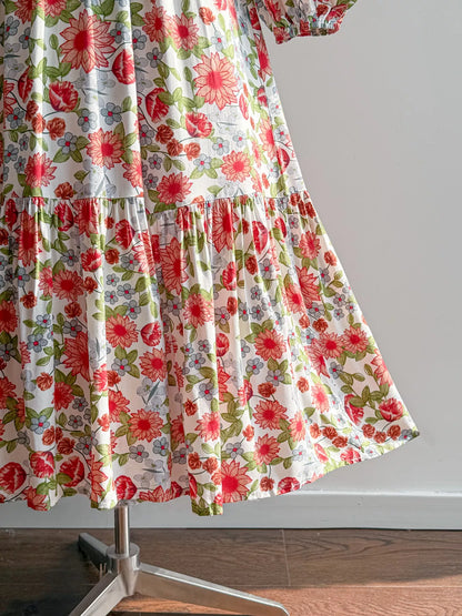 Floral dress on a mannequin against a plain background