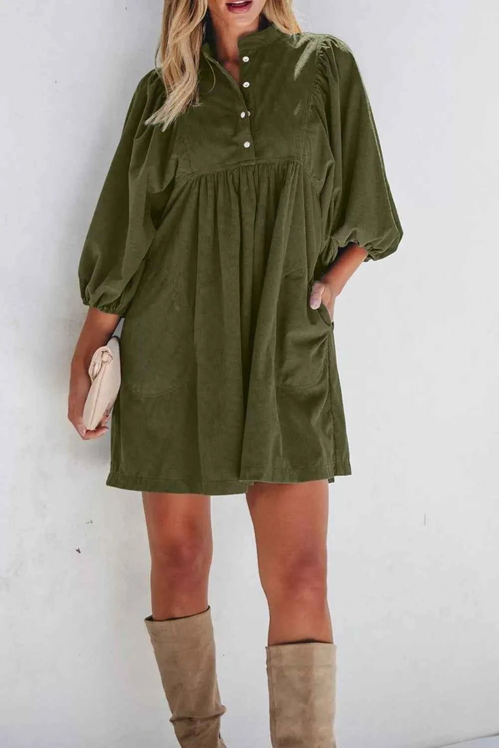 women_fashion - littlescollectionDressCorduroy Stand Collar Babydoll Cotton DressDress