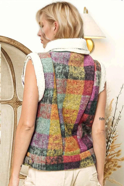 Snap Down Plaid Fleece Vest with Pockets