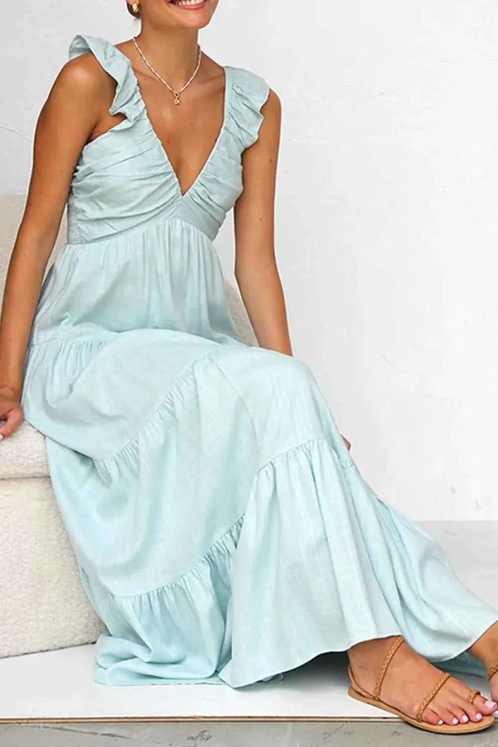 women_fashion - littlescollectionDressOff - White Cotton V - Neck Tiered Smoked Ruffled Long DressLinen long dresses