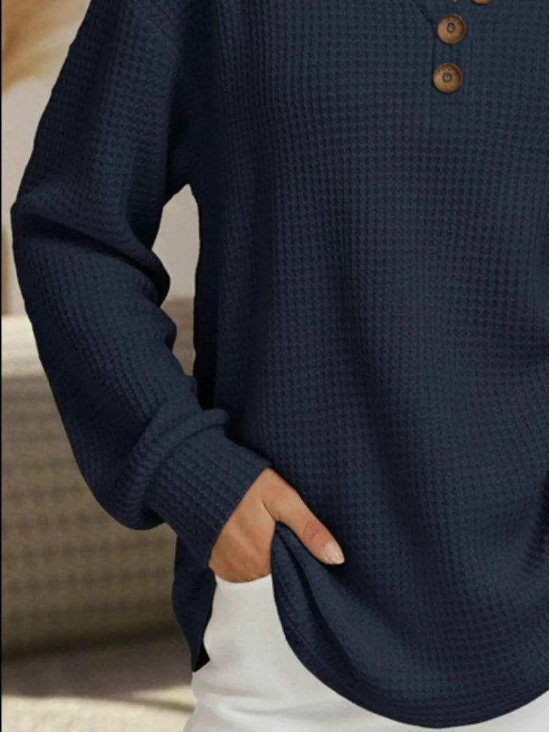 women_fashion - littlescollectionCasual Waffle Knit Long Sleeve T-Shirt Plus Size