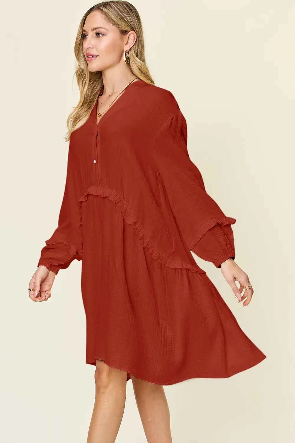 women_fashion - littlescollectionCotton dressHalf Button Ruffle Trim Cotton Midi Dress – CaramelBaggy dress cotton