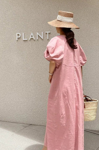 French Vintage Balloon Sleeve Crew Neck Dress Women