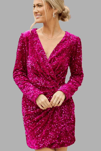 women_fashion - littlescollectionmini dressSequin Surplice Long Sleeve Mini DressSequin dress