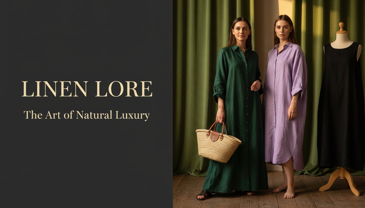 Two women modeling long linen shirts in dark green and light purple, standing in front of green curtains next to a mannequin wearing a black linen dress. The left side features a dark gray graphic panel with the text 'LINEN LORE The Art of Natural Luxury'.