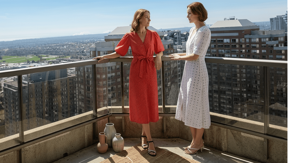 Two women on a balcony overlooking a cityscape with text about Mississauga living.