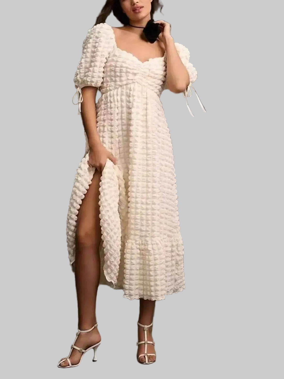 women_fashion - littlescollectionDressSweetheart Neck Puff Sleeve Vintage Textured DressShipping delay Feb 1 - Mar 1