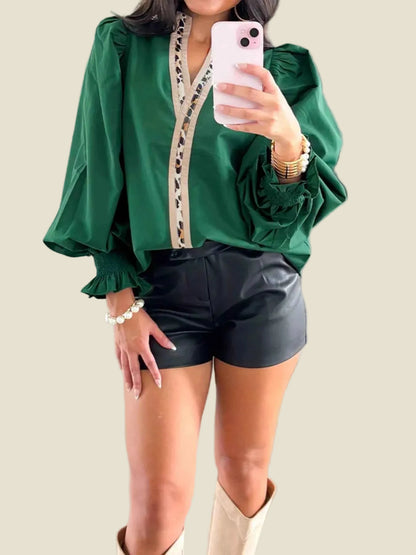 women_fashion - littlescollectionblousePuffy Flounce Sleeve Leopard Trim Green Cotton BlouseSYNZ