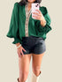 women_fashion - littlescollectionblousePuffy Flounce Sleeve Leopard Trim Green Cotton BlouseSYNZ