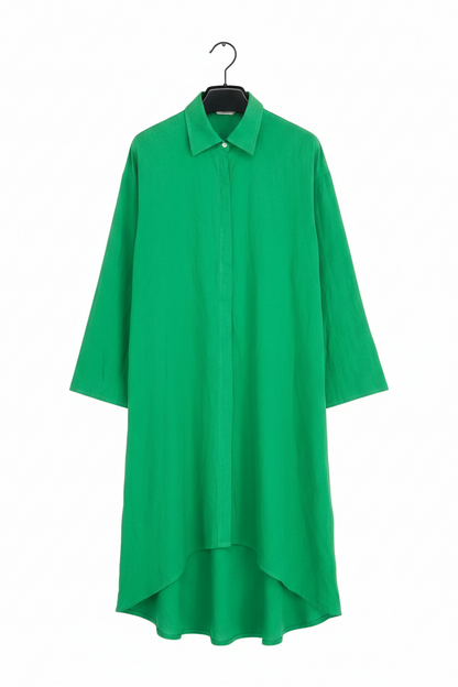 A bright green long-sleeve collared shirt dress with an asymmetrical high-low hem, hanging on a black hanger against a plain white background.