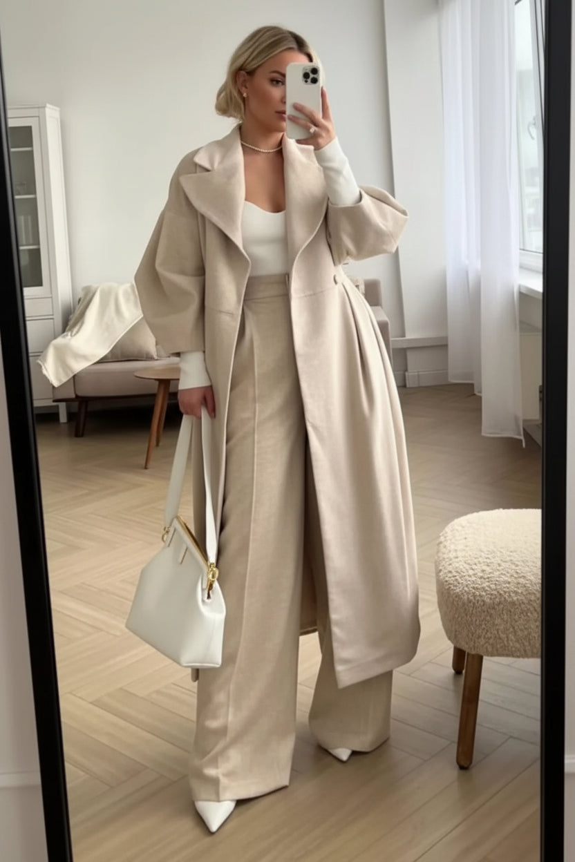 A Person wearing a beige trench coat and wide-leg pants in a room with wooden flooring.